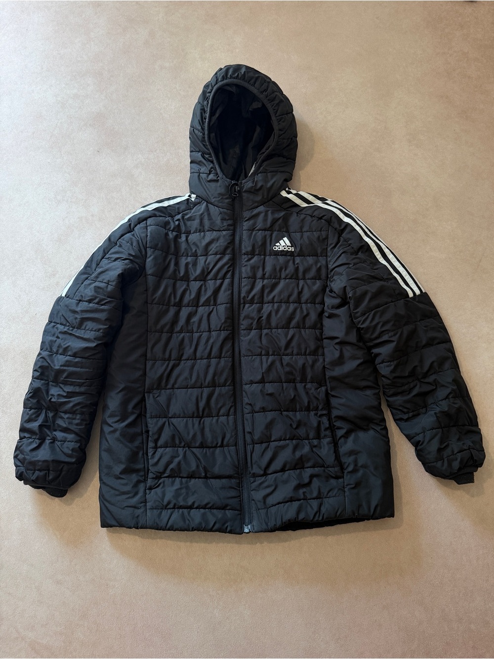 Adidas Black Hooded Kids Puffer Jacket with White 3-Stripes • size large 14/16